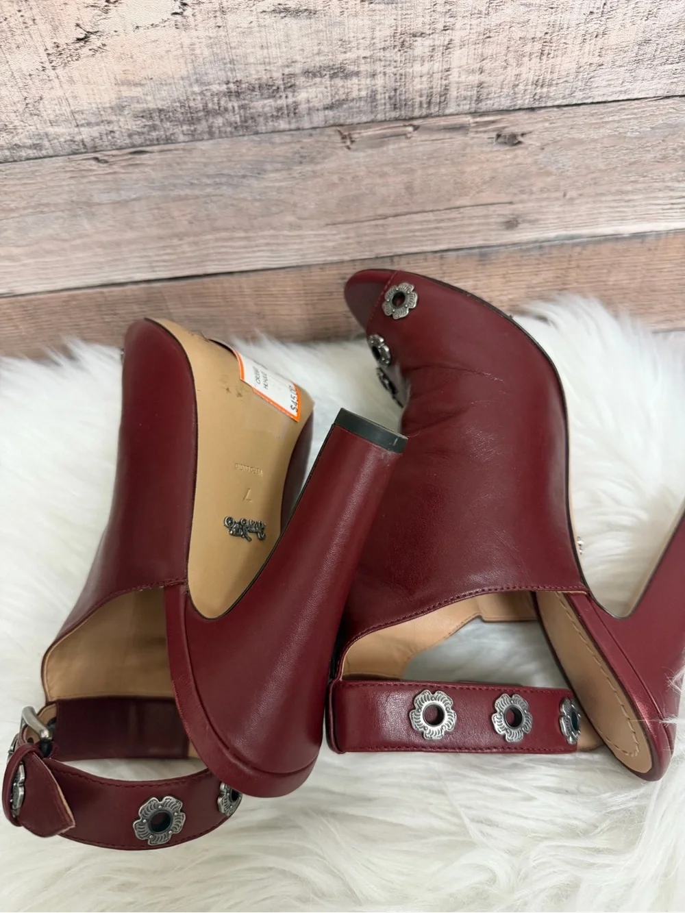 Coach Burgundy Peep-Toe Ankle Booties with Metal Eyelet Detail